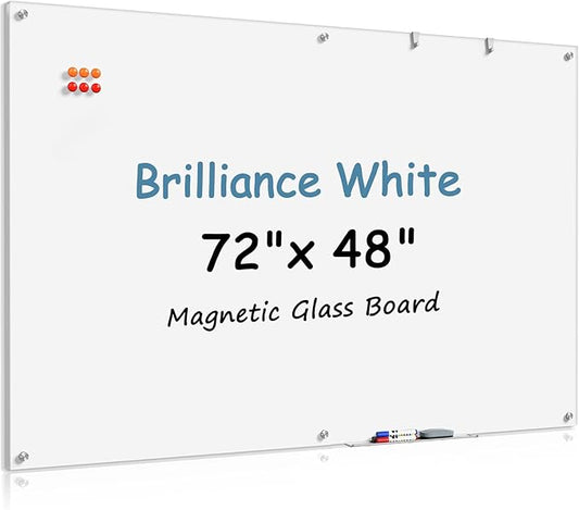 MaxGear Glass Whiteboard Tempered Magnetic Dry Erase Board 72 x 48 Inch Ultra White, Frameless Wall Mounted, Office Classroom Conference Room Home Use, Includes Markers, Eraser, Magnets & Mounting Kit
