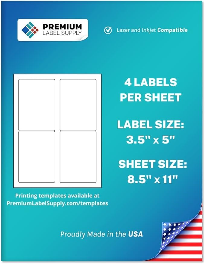 Premium Label Supply White Sticker Mailing/Shipping Labels – 3.5" x 5" – Laser/Inkjet Compatible – (4 per Sheet), 1000 Sheets - 4,000 Total Adhesive Labels
