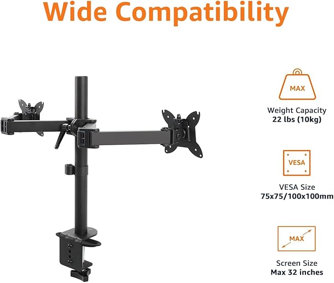 Amazon Basics Adjustable Dual Computer Monitor Arm Mount, Holds up to 32" Monitors, Black