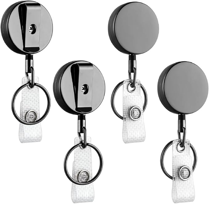 Will Well ID Badge Holder Reel with Clip and Keyring - Heavy-Duty All-Metal Casing with 27.5" UHMWPE Fiber Pull Cord for Durability and Easy Access, Holds up to 8 Keys - 4-Pack, Round, Glossy Black