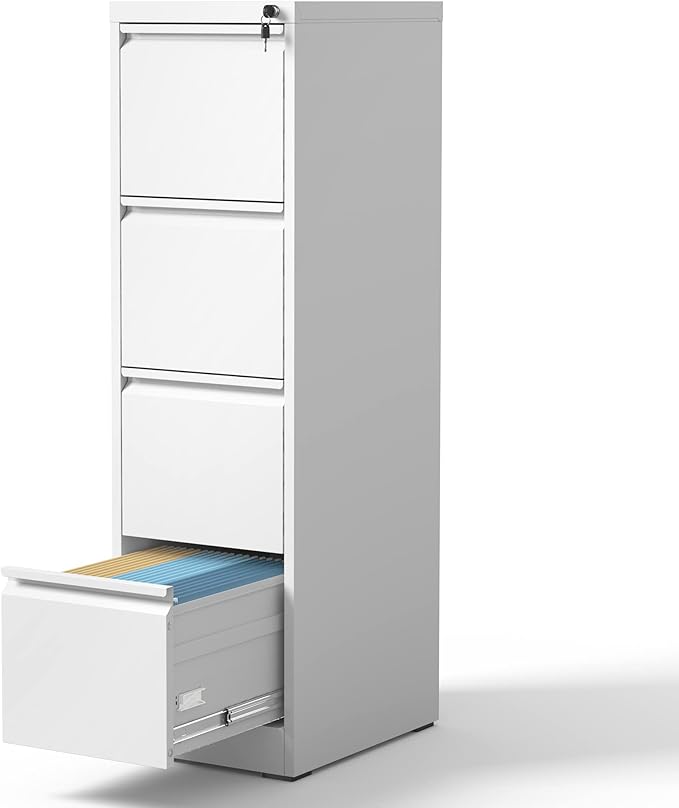 Yukimo 4 Drawer File Cabinet with Lock, Vertical File Cabinet with Lock, Locking File Cabinet Hanging Files for A4/ Legal/Letter, Require Assembly, White