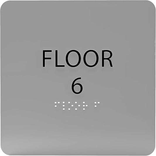 Grey w/Black ADA Floor 6 Sign with Braille – Made from Durable Acrylic and Ready to Mount
