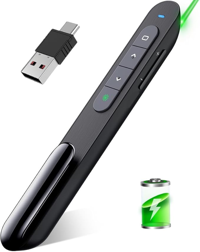 Green Wireless Presenter Remote Presentation Clicker for PowerPoint, Slide Advancer for Mac Laptop Computer Office Class