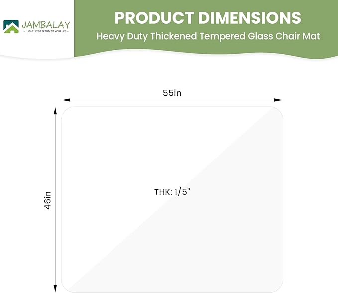 JAMBALAY 55″×46″ Tempered Glass Chair Mat, Heavy Duty Glass Office Floor Mat for Carpets and Wooden Floor, with 12 Anti-Slip Pads, Polished Edges and Round Corners, Easy Roll On, Thick 0.2″