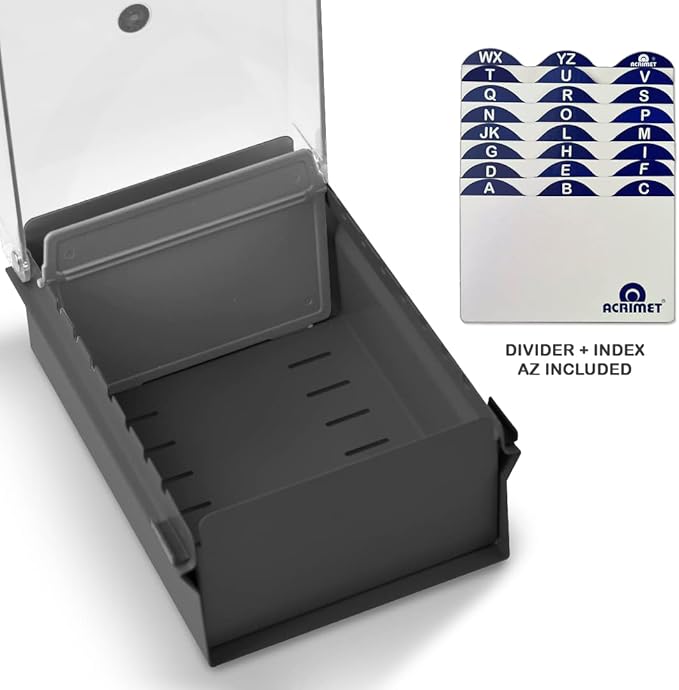 Acrimet 3 x 5 Card File Holder Organizer Box Metal Base Heavy Duty (AZ Index Cards and Divider Included) (Gray Color with Clear Crystal Plastic Lid Cover)