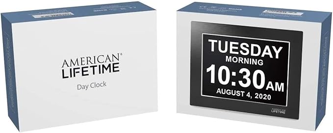 American Lifetime Large Digital Wall Clock for Seniors, Black Polished, 8-Inch High Resolution Display, Easy to Read, Customizable Alarms, Auto-Dimming, Multi-Language Support, Battery Backup