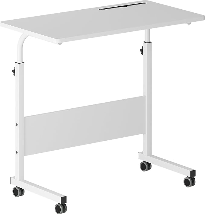 DlandHome Rolling Desk Adjustable Standing Desk, Mobile Side Table 31.4 Inches w/Wheels Adjustable C Table Movable Portable Laptop Computer Stand for Bed Sofa,White