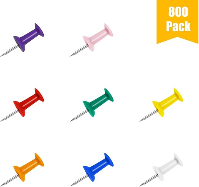 JIKIOU 800 Count Assorted Colors Push Pins for Bulletin Board Thumb Tacks for Wall Corkboard Map Calendar Photo -Home Office Craft Projects Heavy Duty Plastic Head Steel Pin (8 Colors)