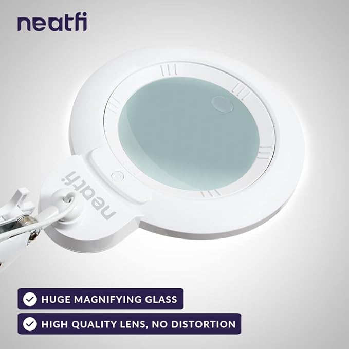 Neatfi XL Bifocal LED Magnifying Lamp, 7-Inch Acrylic Lens, 5D/20D Magnification, Hands-Free, Dimmable, 168 SMD LED, Adjustable Arm for Crafts, Reading, Close Work (White, CCT with Clamp)