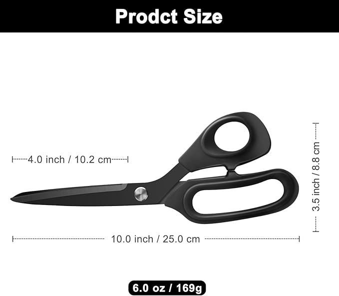 Zicolu 10 inch Black Office Scissors All Purpose, Sewing Scissors for Fabric Cutting, Sharp Titanium Coated Blade, Comfort Grip Soft Handles for Diy Craft, Paper, Art, School, Home