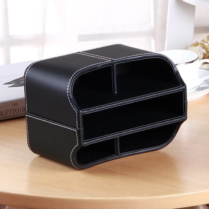Remote Control Holder 360 Degrees Rotatable Desk Stationery Supply Organizer PU Leather Desktop Storage Box for Controllers Media Bedside Spinning TV Caddy iPad Mobile Pencil Cosmetic