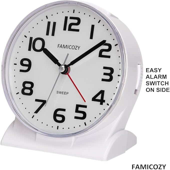 FAMICOZY 4.5" No Ticking Analog Alarm Clock,Silent Readable for Seniors,Easy to Set,Gradual Rise Alarm,Big Numbers,On/Off Switch on Side,Gentle Wake,Snooze Soft Backlight,Battery Operated,White