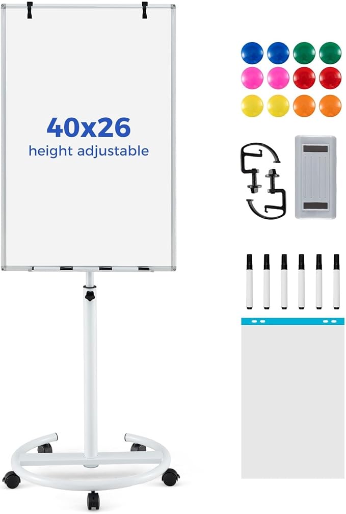 Goplus 40” x 26” Rolling Whiteboard, Height Adjustable Magnetic Dry Erase Board on Wheels with Round Stand, Paper Clips, Storage Tray, Paper Pad, Magnets, Markers, Mobile White Board for Office School