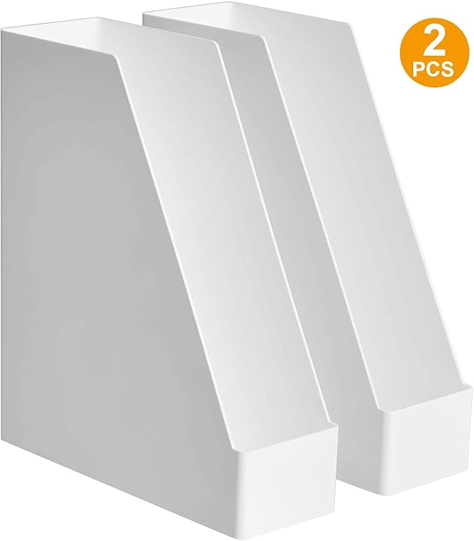Amazon Basics Rectangular Plastic Desk Organizer, Magazine Rack, White, 2-Pack