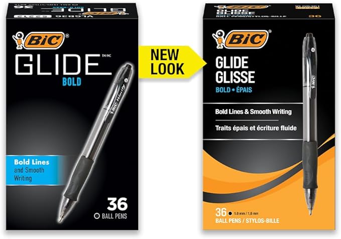 BIC Glide Bold Black Ballpoint Pens, Bold Point (1.6mm), 36-Count Pack, Retractable Ballpoint Pens With Comfortable Full Grip
