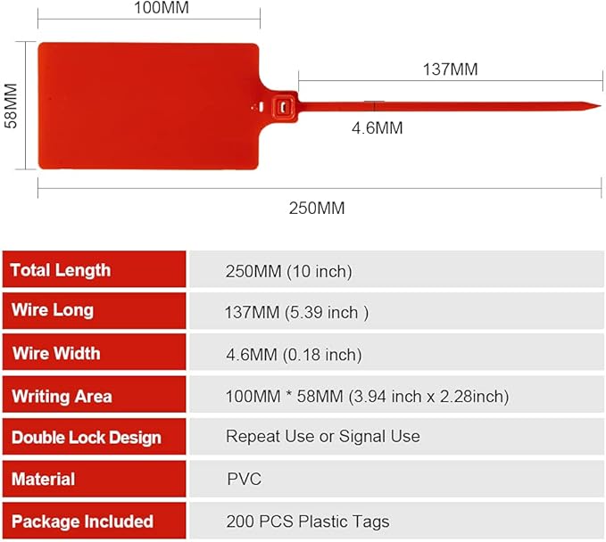 200Pcs Plastic Seals Shipping Label Tags, Writable Marker Big Sign Tie for Logistics, 255mm Total Length Self Locking Inventory Waterproof Tag Fastener (Red)
