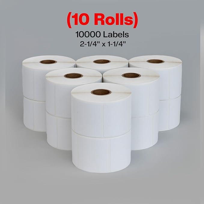 Direct Thermal Labels Roll 2-1/4" x 1-1/4",10 Rolls(10,000 Labels),Compatible with Zebra, Rollo,Eltron &TSC Label Printer,Strong Adhesive Perforated shipping labels for Packages, Barcodes & Office Use