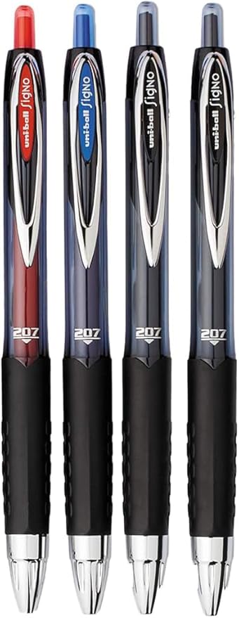 Advantage Gifts Signo 207 Roller Ball Retractable Gel Pens, Medium Point (0.7mm), Black Blue And Red Ink, 4 Count, Bundle with Plastic Reusable Pouch
