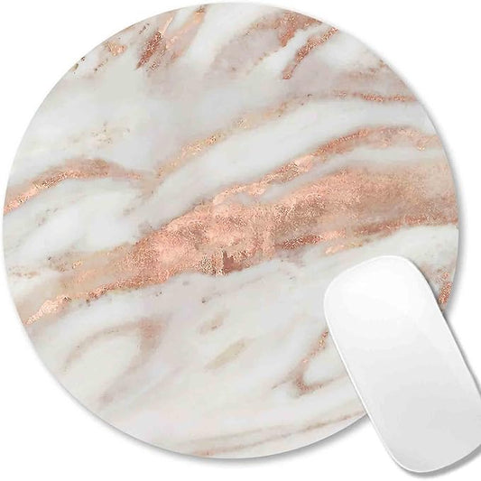 IMAYONDIA Round Mouse Pad, White and Rose Gold Marble Mouse Pad, Non-Slip Rubber Base Mousepad for Wireless Mouse, Small Computer Travel Mouse Mat for Men Women Kids, Abstract Metal Luxury Texture