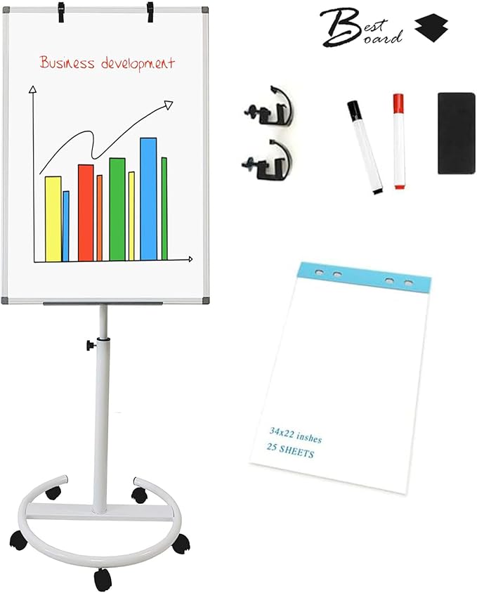 Mobile Dry Erase Board 36x24 Inches – Adjustable Rolling Whiteboard on Wheels, Stand Easel with Markers & Eraser, Includes 25-Sheet Paper Pad for Office, Classroom