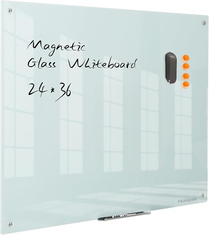 Glass Whiteboard Magnetic Dry Erase Board - Frameless Glass White Board 36 x 24 Inches, Wall Mounted, Office, Home & School
