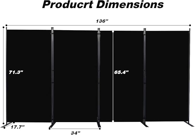 CHOSENM Room Divider, 4 Panel Folding Privacy Screens with Wider Support Feet, 6 Ft Portable Room Partition for Room Separator, 136" W X 71" H, Black