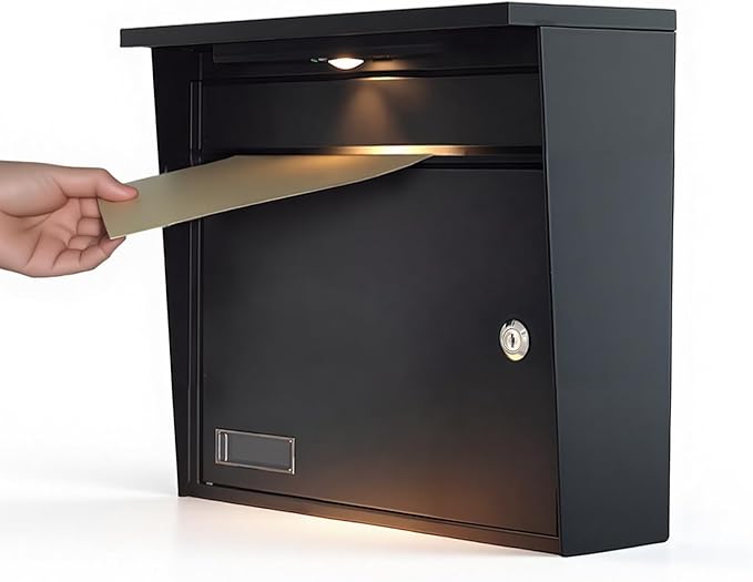 Solar Wall Mount Mailbox for Outside - Auto LED Light at Dusk, Large Locking Mail Box (13 x 3.7 x 12.2 Inches) with Key, Secure Metal Mailboxes for House Outside, Waterproof & Rust-Proof