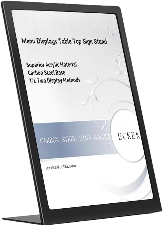 ECKEK Carbon Steel Sign Holder, Slanted Menu Displays, Table Top Sign Stand (L Shape Black A4 210×297mm/8.27×11.69 inches)