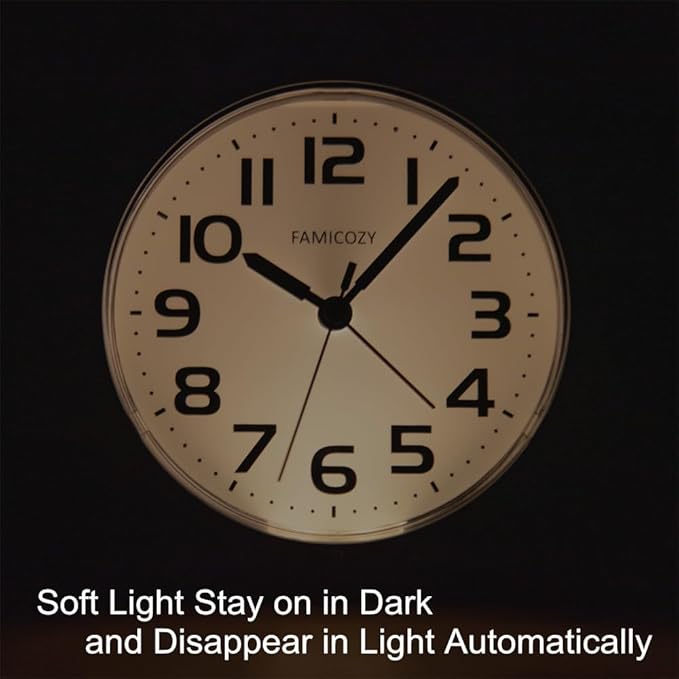 FAMICOZY Automatically Backlighted Alarm Clock,Silent No Ticking for Seniors Vision Impaired,Easy to Set,Big Numbers,Ascending Alarm,Gentle Wake,Snooze,2 AA Battery Operated,Black