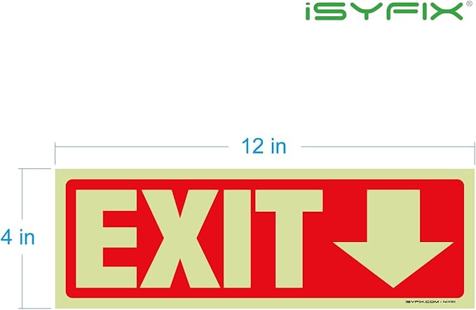 iSYFIX Exit Stickers Signs with Directional Down Arrow 6 Pack 12x4 Inch - Glow in the Dark Photoluminescent Vinyl for Office, School, Business, Warehouse - UV & Weather Resistant for Indoor/Outdoor Use