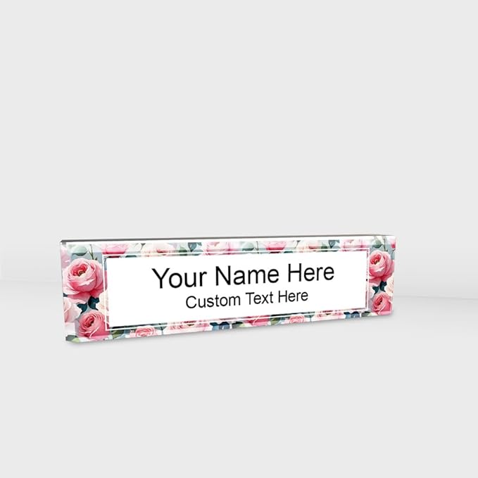 Signs ByLITA Floral Pattern Customized Nameplate | Rose Blush Personalized Full Color Acrylic Desk Sign