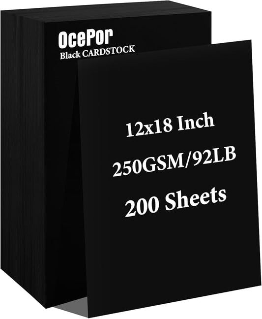 OcePor 200 Sheets Black Cardstock 12” x 18”, 92lb/250gsm Black Card Stock, Thick Card Stock Paper, Heavy Cardstock Paper for Printer, Resume, Scrapbooks, Art, Crafts, Business Cards