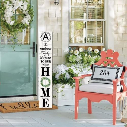 SRongmao Welcome To Our Home Porch Sign Personalized Welcome Sign for Front Door Custom Family Name Signs Standing Vertical Rustic Farmhouse Eucalyptus Wreaths Decor for Front Door Wall Decor