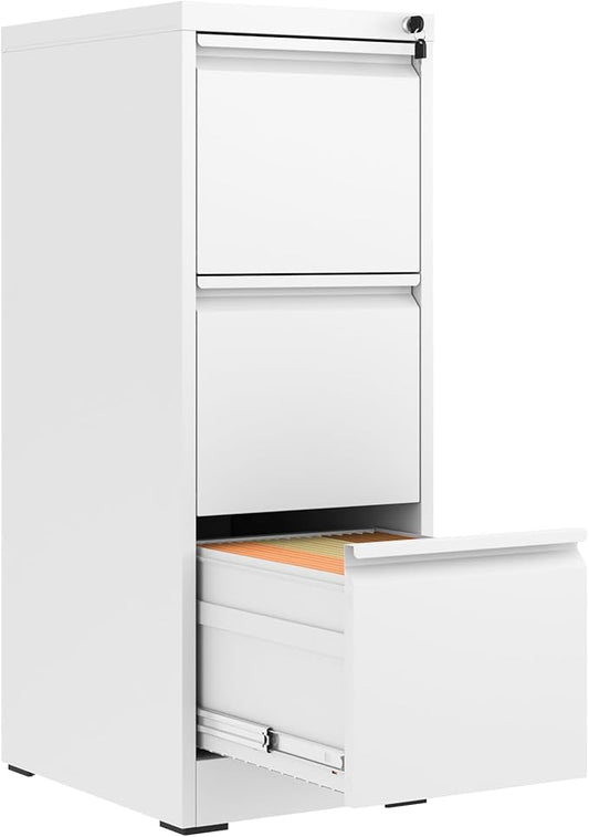 FLIXELIO 3 Drawer File Cabinet with Lock,Metal Vertical Filing Cabinets for Home Office,Heavy Duty File Storage Cabinet for Letter/Legal/A4/F4 Size File,Assembly Require (White, Vertical 3 Drawer)