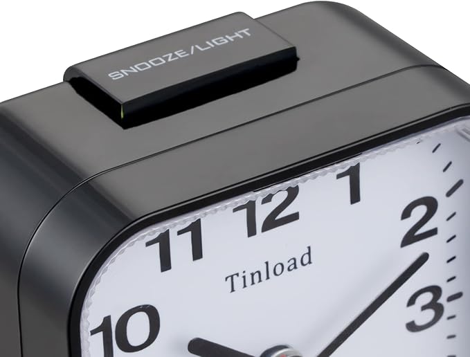 Tinload Small Battery Analog Alarm Clock Silent Non Ticking, Ascending Beep Sounds, Snooze,Light Functions (Black-B)