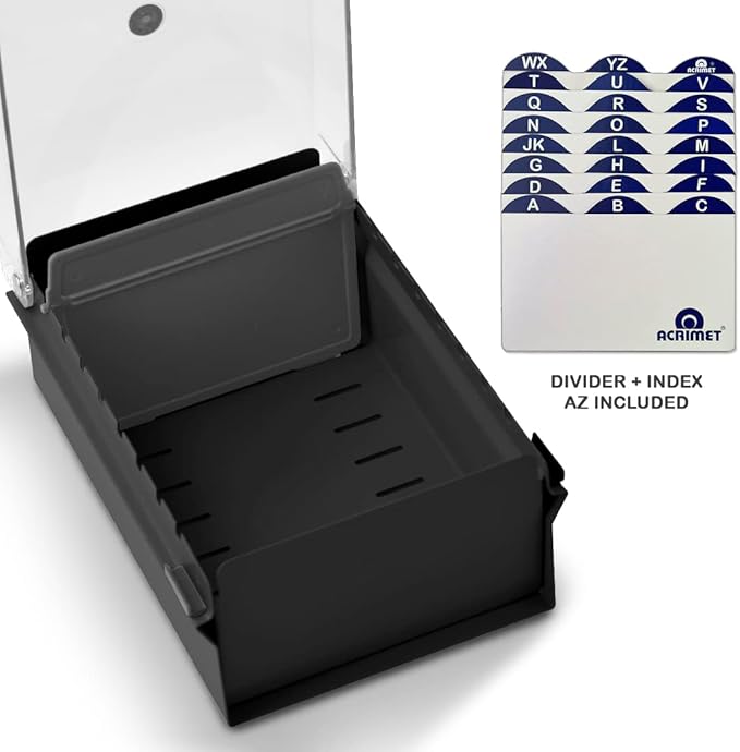 Acrimet 3 x 5 Card File Holder Organizer Box Metal Base Heavy Duty (AZ Index Cards and Divider Included) (Black Color with Clear Crystal Plastic Lid Cover)