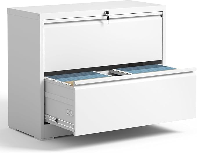 2 Drawer Lateral File Cabinet with Lock, Metal File Cabinets for Home Office, Office Furniture for Organization Hanging Legal/Letter/A4, Metal Filing Cabinet Storage Cabinet, Require Assembly, White