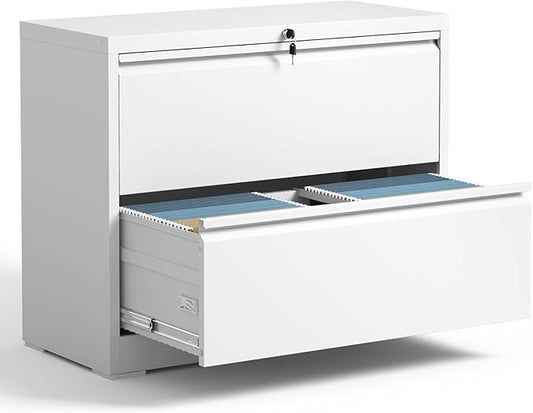 2 Drawer Lateral File Cabinet with Lock, Metal File Cabinets for Home Office, Office Furniture for Organization Hanging Legal/Letter/A4, Metal Filing Cabinet Storage Cabinet, Require Assembly, White
