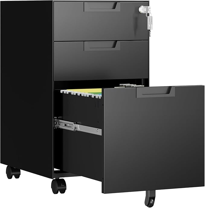AFAIF 3 Drawer File Cabinet with Lock, Fully Assembled Metal Mobile Filing Cabinets for Home Office, Small Rolling File Caninet on Wheels for Legal/Letter / A4 File, Black