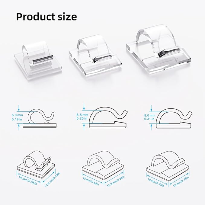 ITUGOU 100 PCS Cable Clips Cord Organizer (Small, Medium,Large),Wire Holder for Cable Management, Outdoor Light Clips Light Hooks for LED String,Car Dash Cam, Extension Cord (Clear)
