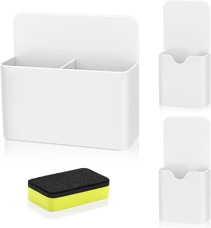 MoKo Magneitc Dry Erase Marker Holder Set, 3-Pack Magnetic Marker Pencil Holder Pen Organizer for Metal & Magnetic Surface, 1 Large with Divider & 2 Small Holders & 1 Dry Eraser, White