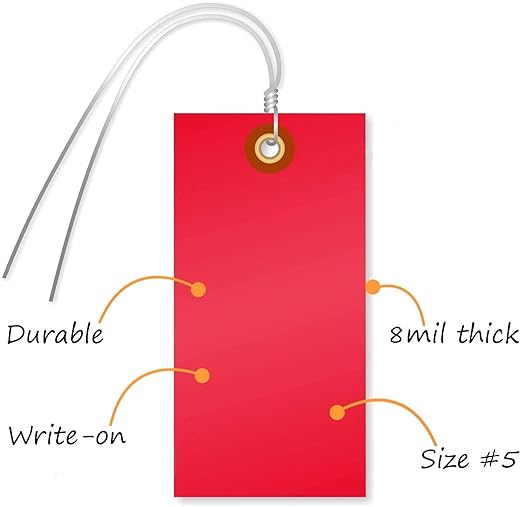 SmartSign Blank Tyvek Shipping Tags with Wire, Size #5 | 4 3/4" x 2 3/8", Pack of 100, Red, Made in USA