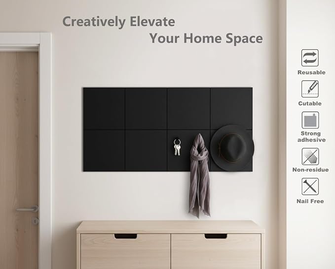 G Gamit Large Felt Wall Tiles Bulletin Board,Large Cork Board Alternative with 30 Pushpins,8-Pack Felt Pin Board with 56 Safe Removable Adhesive Tabs for Home Office School (Black)