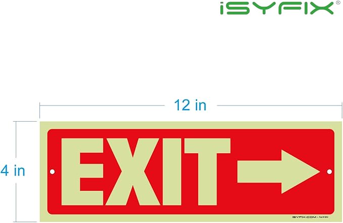 iSYFIX Exit Signs with Directional Right Arrow - 12 Pack 12x4 Inch Glow in the Dark for Business, School, Office, Warehouse - Durable 40 Mil Polystyrene, UV Laminated, Waterproof, Scratch & Fade Resistant