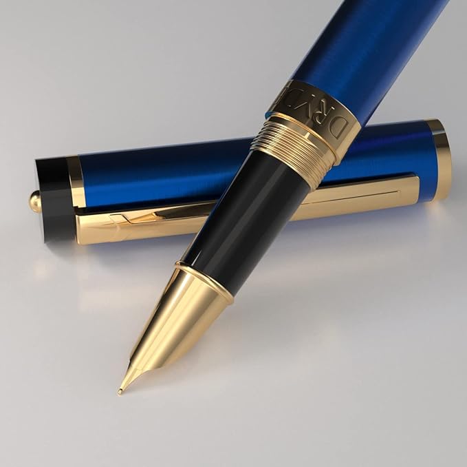 Dryden Designs Fountain Pen - Medium and Fine Nibs | Includes 24 Ink Cartridges and Ink Refill Converter | Calligraphy Pen, Consistent Writing, Smooth Flow - Mysterious Blue