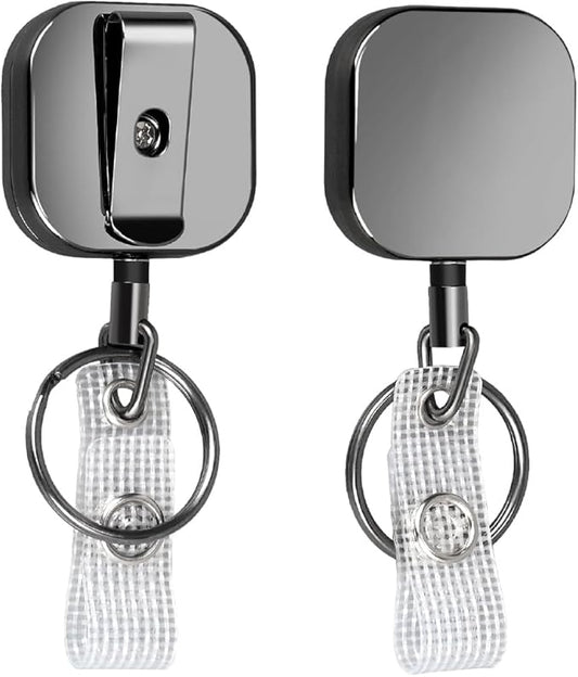 Will Well ID Badge Holder Reel with Clip and Keyring - Heavy-Duty All-Metal Casing with 23.6" UHMWPE Fiber Pull Cord for Easy Access, Holds up to 8 Keys - 2-Pack, Small Square, Glossy Black