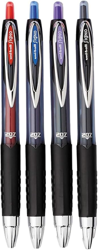 Advantage Gifts Signo 207 Roller Ball Retractable Gel Pens, Medium Point (0.7mm), Black Blue Red And Purple Ink, 4 Count, Bundle with Plastic Reusable Pouch