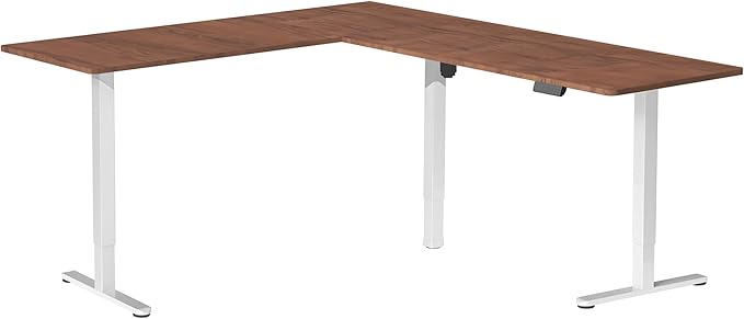 VIVO Electric Corner 84 x 63 inch L-Shaped Standing Desk, Memory Height Adjustment, Dark Walnut Top White Frame, DESK-E3CTWD-84
