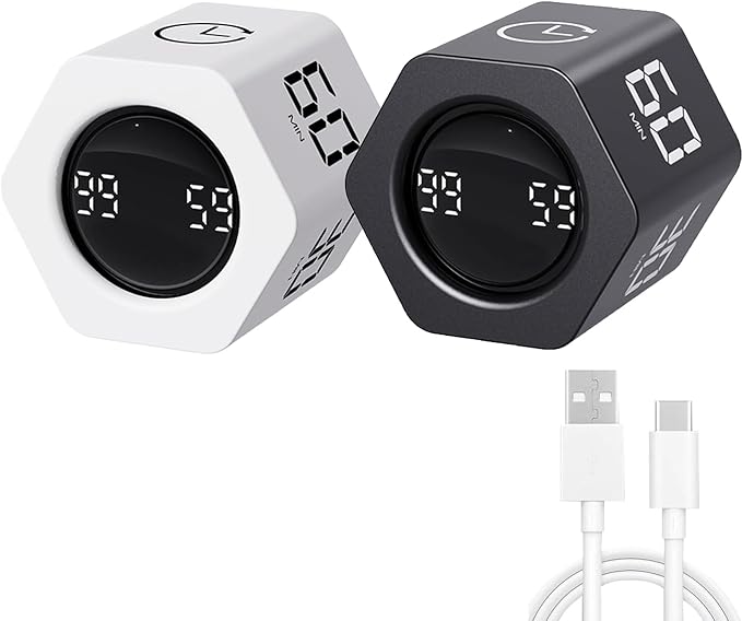 Productivity Timer Flip Gravity Sensor Cube Timer Countdown & Countup,Mute & Vibrate & Sound，5/10/30/60min & Custom Timing, Perfect for ADHD,Work,Learning,Kitchen Cooking (2, White +Black Hexagon)