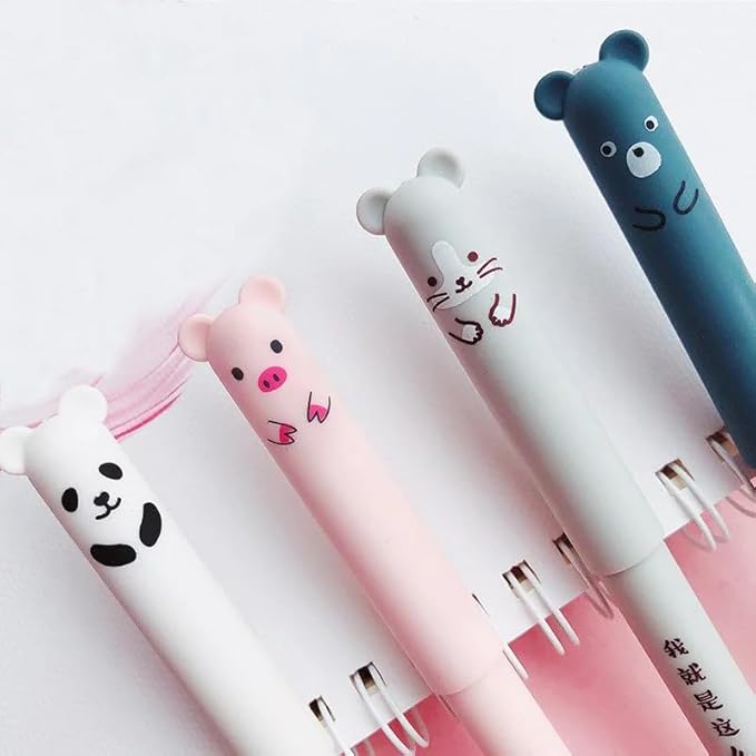Piaogui 6pcs 0.5mm Erasable Gel Pens,Kawaii Cute Bear Pig Erasable Gel Pen Set Kawaii Pens Back to School Stationery Supplies for Writing Noting Journaling Kids Gifts (Pink-6 Pcs)